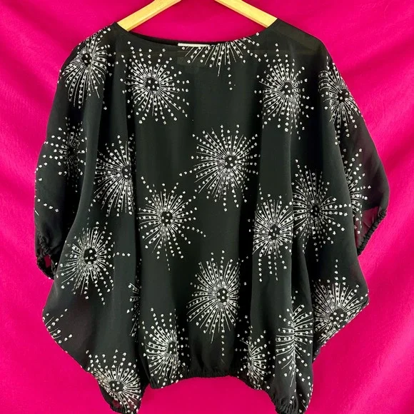 Vintage Silver Glitter Fireworks Black Sheer Short Sleeve Party Top Glances - Picture 6 of 17